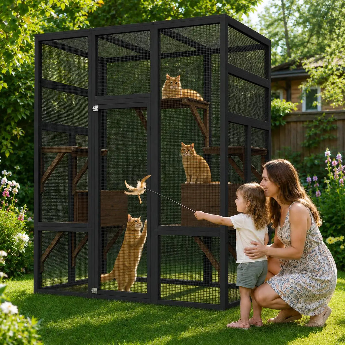 HiMISS Outdoor Wooden Catio Cat Enclosure And Playhouse