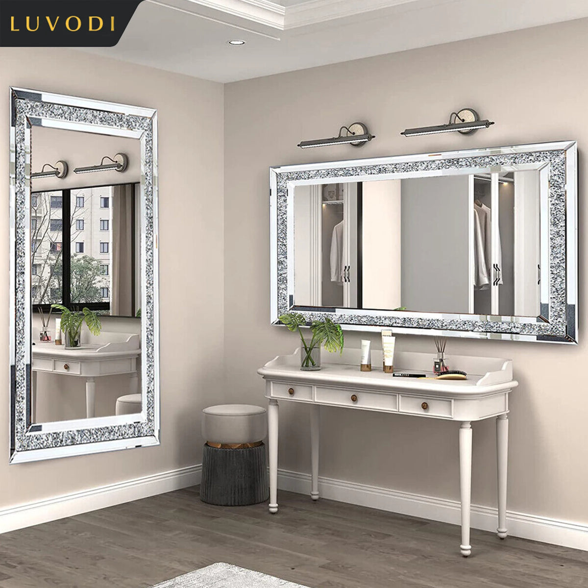 LUVODI Crystal Rhinestone Decorative Wall Mounted Vanity Mirror