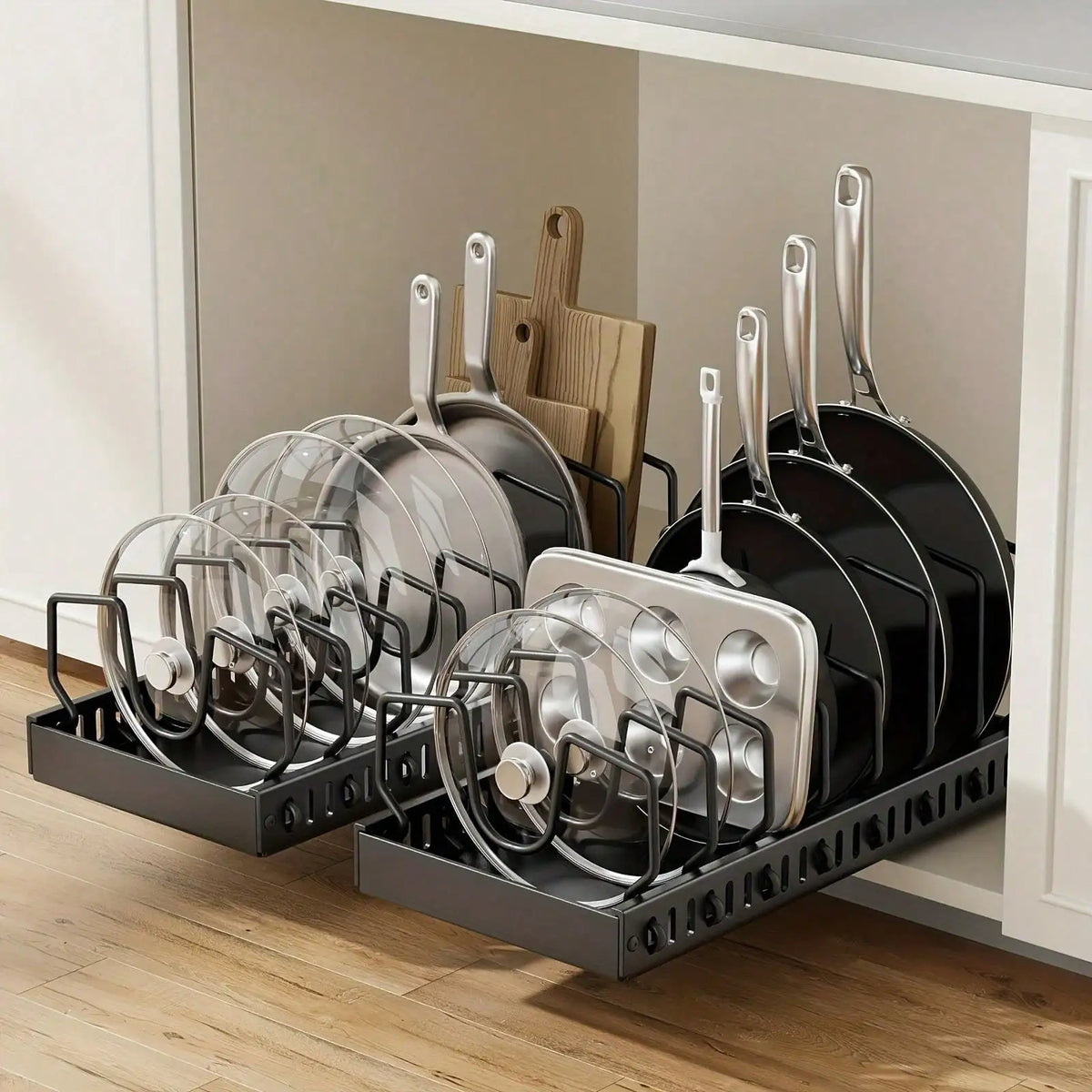 Pull Out Pot Lid Organizer Rack With Adjustable Compartments