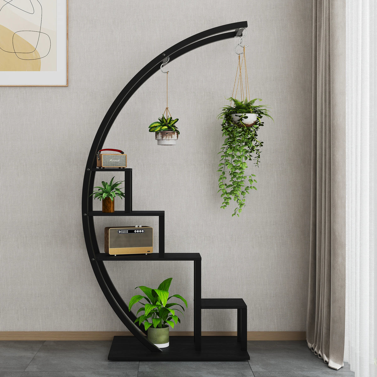 HiMISS Five Tier Metal Plant Stand With Hanging Hooks and Display Shelf