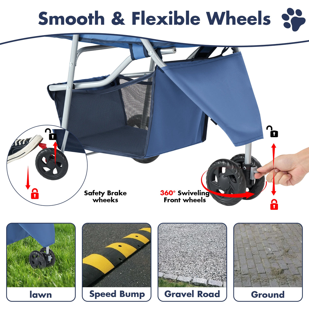 Foldable Pet Stroller For Dogs And Cats With Storage Basket