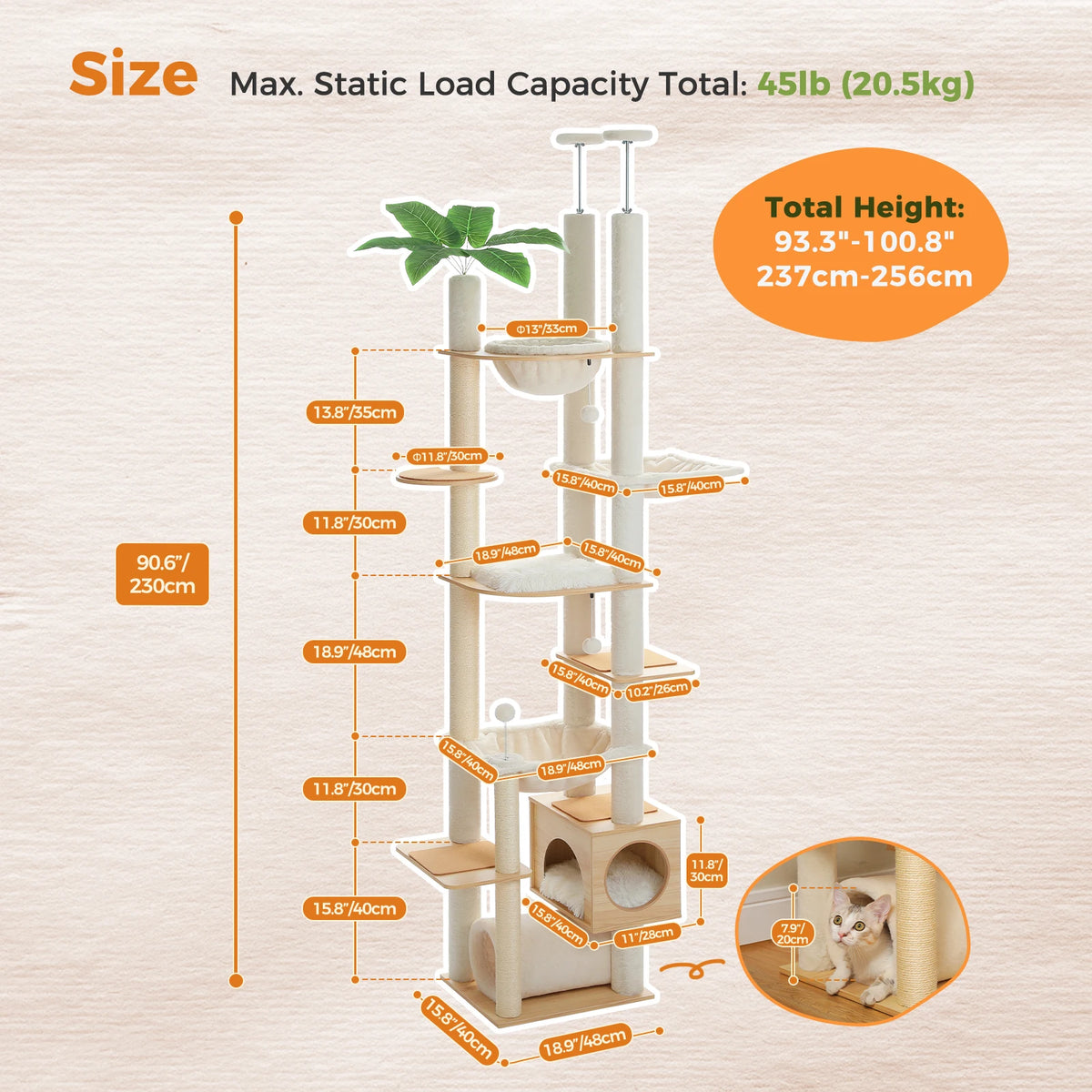 PAWZ Road Adjustable Wooden Cat Tower With Hammock Sisal Posts