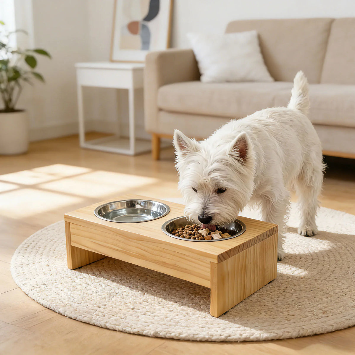 Elevated Wooden Dog Feeder Stand With Stainless Steel Bowls