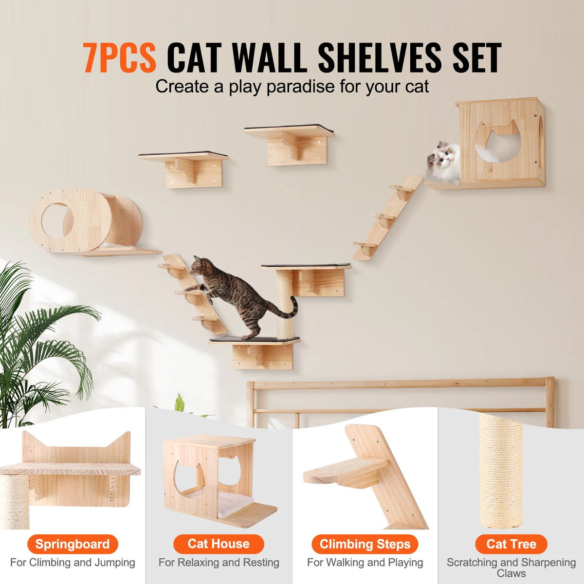 SucceBuy Wall Mounted Cat Shelves With Jumping Boards And Hammock